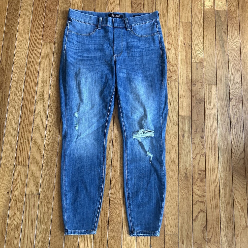 Jusy Blue Pull On Jeans Womens 14W Skinny Fit Med Blue Wash Stretch